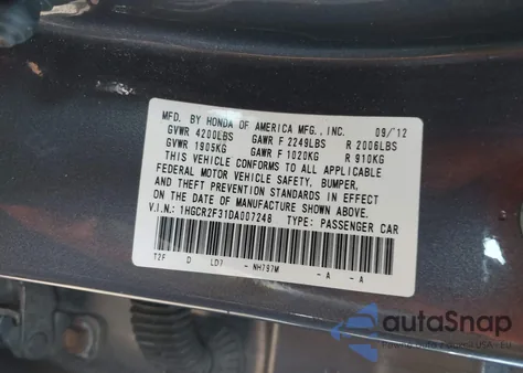 2013 Honda Accord Lx z USA, uszkodzony, nr VIN 1HGCR2F31DA007248